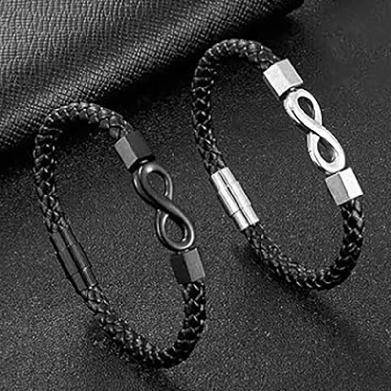 TrendMen Hiphop Rock Rapper Moebius Strip Knit Leather Bracelets For Men Black Metal Weave Wristlet Jewelry Gifts Party Bangles