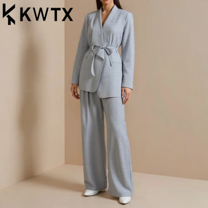 

KWTX 2025 Spring Summer Women’s Solid 2pcs Set Asym Lapel Tie-Waist Blazer Wide-Leg Pants Office Y2K Elegant Luxury Designer