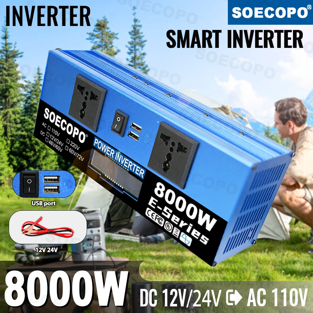 

SOECOPO 8000W Car Dual Voltage Input Inverter DC 12V/24V to AC 110V (2 USB 5V Ports 2 Sockets) Car Voltage Converter Camping RV