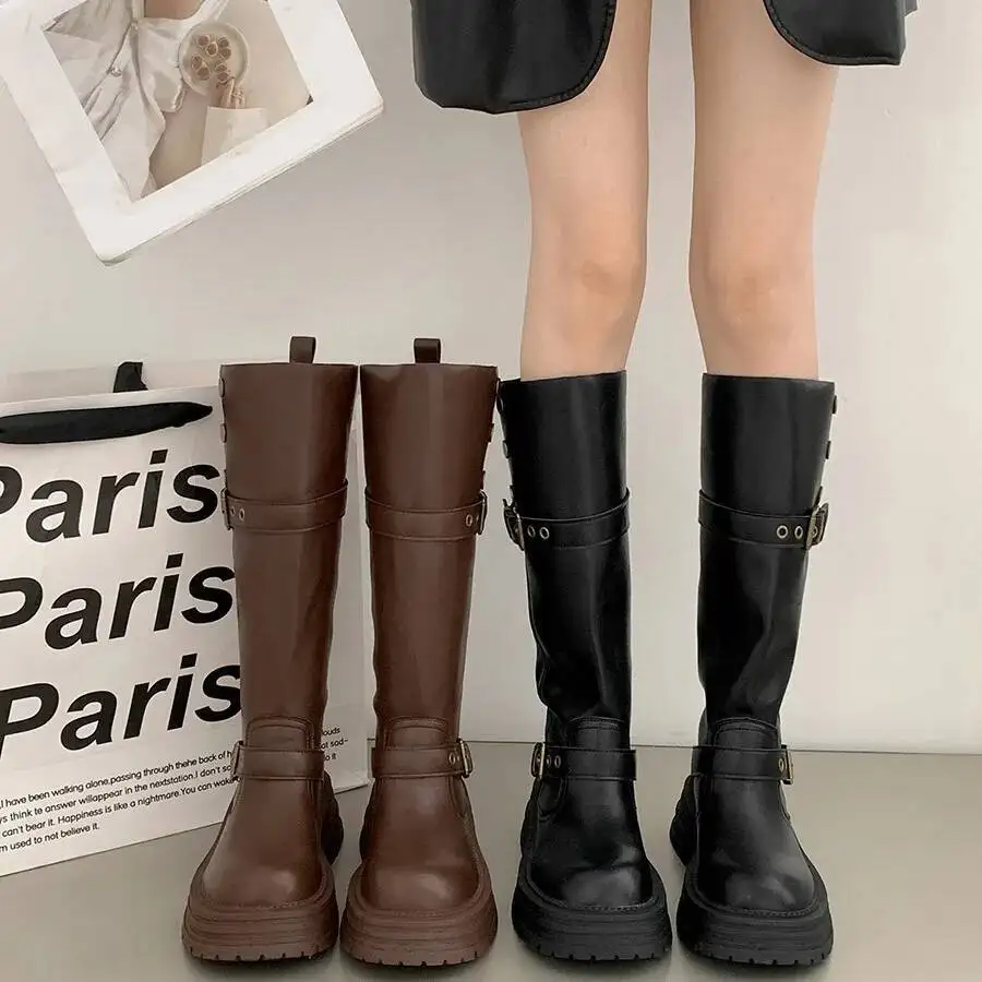 

2025 Women's High Boots Brown Retro British Style Chunky Heel Thick Soled Knee-High Boots Ideal For Spring & Autumn