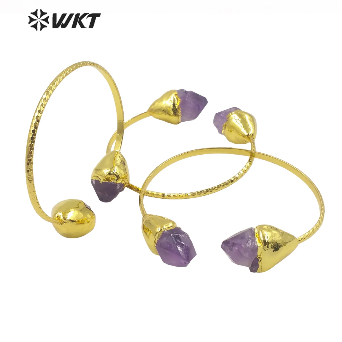 WT-B600 WKT Simple Style Natural Stone Amethyst Gold Plated Fine Adjustable Bangle Ladies Memorial Day Jewelry Wholesale