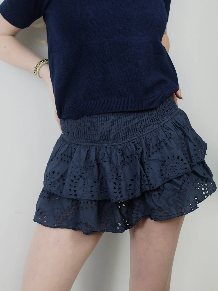 

Womens Y2K Ruffle Mini Skirt Eyelet Embroidery Low Rise Layered Skirts Summer A Line Flowy Short Skirts