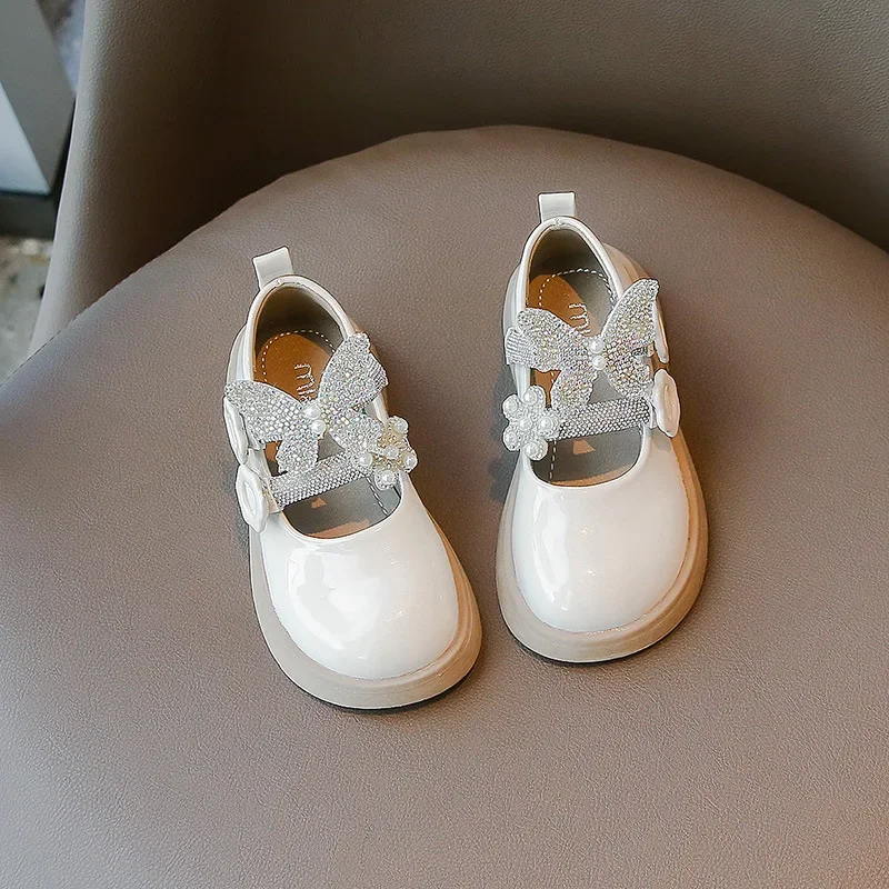 Water Diamond Princess Shoes 2025 Spring Autumn Style Girls Bow Soft Soled Leather Shoes 26-36 Children's Anti Slip Single Shoes