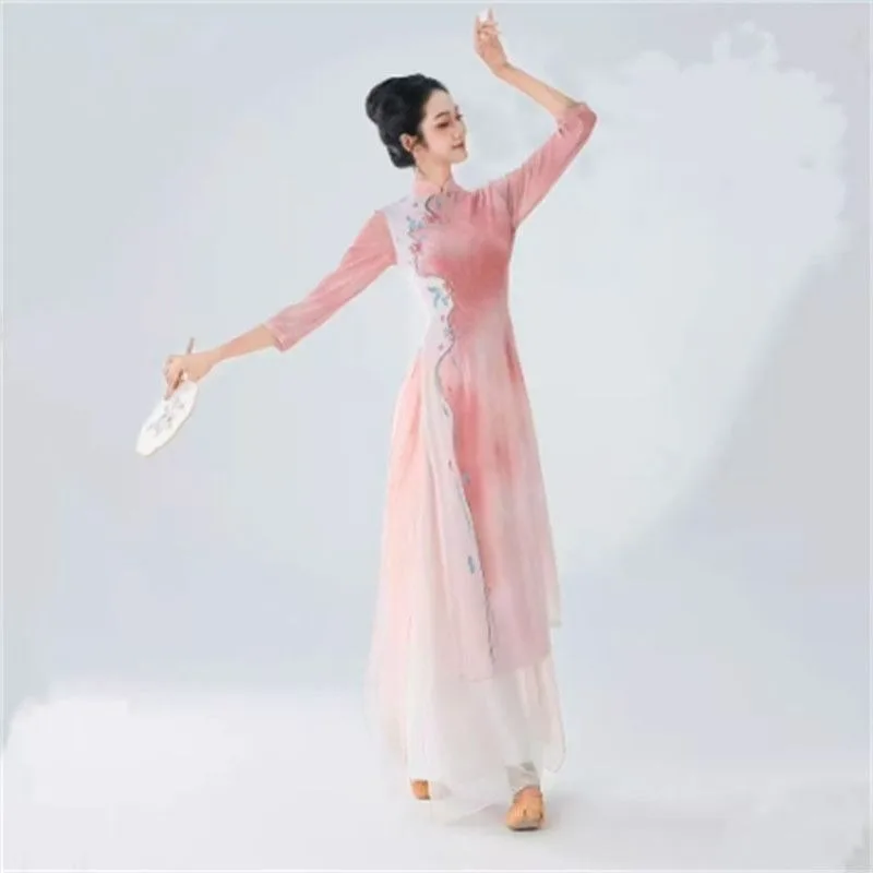 Classical Dance Costume Elastic Form-fitting Gradient Improved Cheongsam Chinese-style Ethnic Performance Practice Dress Women