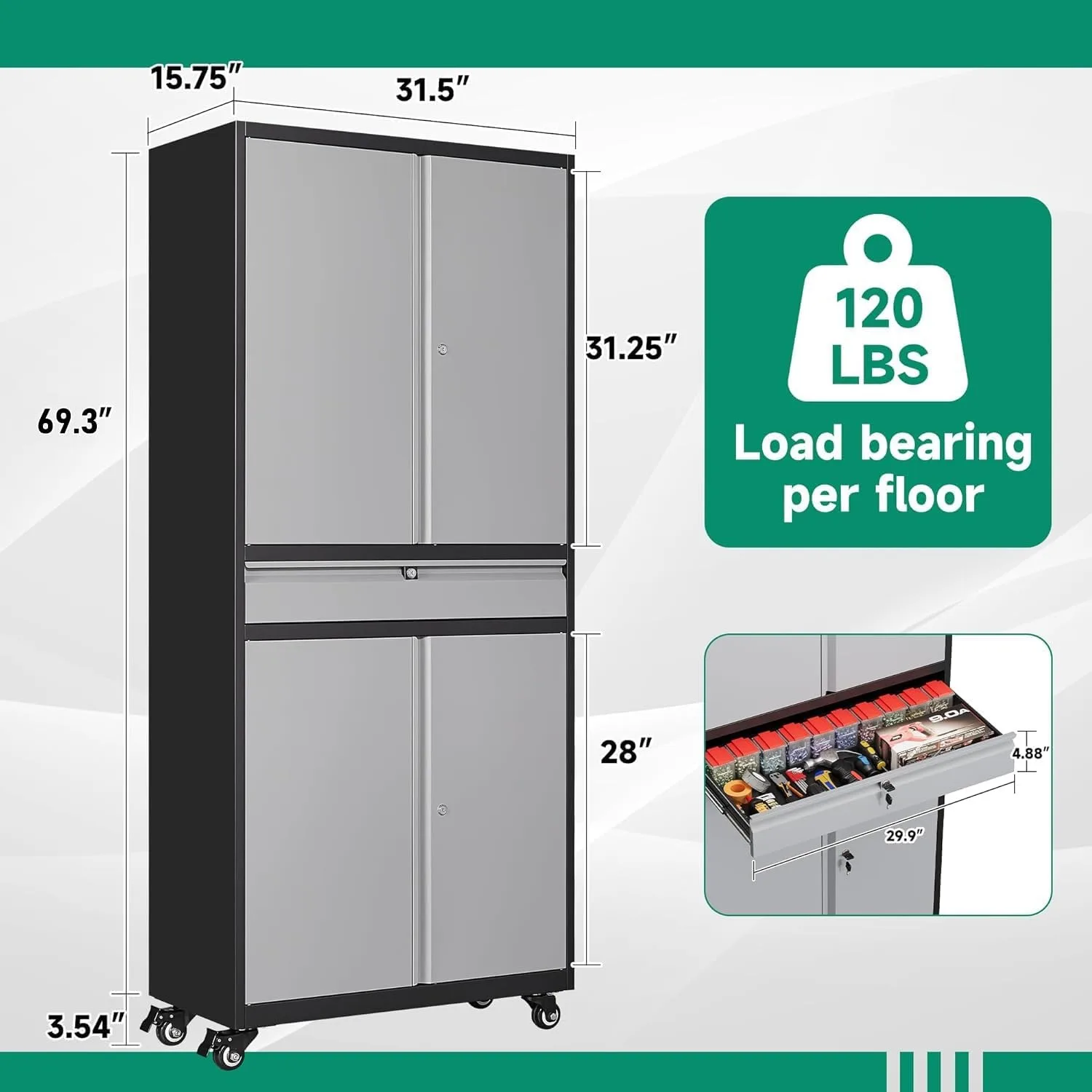 Metal Garage Storage Cabinet w/ Wheels,72” Rolling Tool Cabinet w/4 Door Lock-Adjustable Shelves and Drawer(Black&Gray w/Wheels)