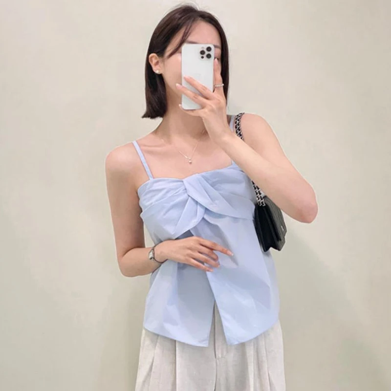 Retro Chic Split Strap Vest Women's Summer Design Short Top Female Small Audience Casual Wear Pure Color Commute Style