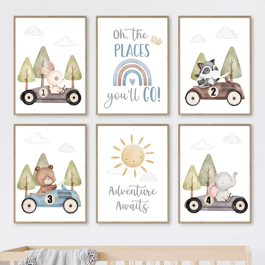 Funny Animal Car Sun Rainbow Art Nursery Wall Poster Canvas Prints Bear Elephant Rabbit Children Kid Room Home Decor Pictures