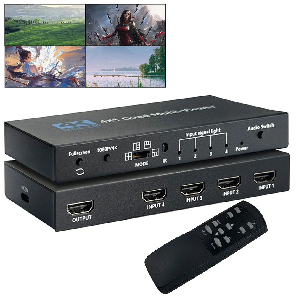 4K HDMI Quad Screen Multiviewer 4x1 1080P 4 in 1 out HDMI Multi Viewer Seamless Switcher 5 Display Modes for Camera Laptop PC TV