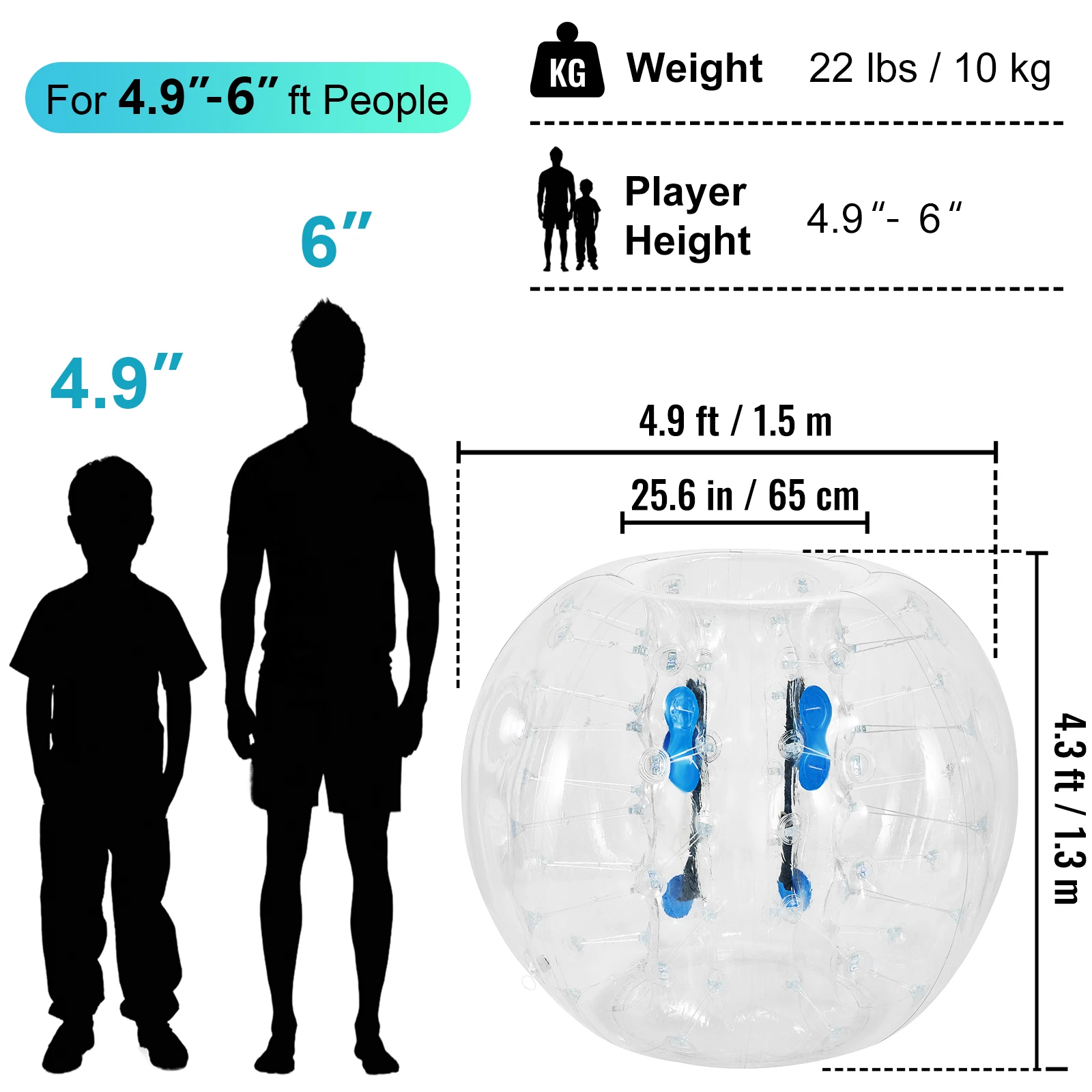VEVOR 1.5M Đường Kính Bơm Hơi Ốp Lưng Bóng 5 FT Bong Bóng Đá Bóng Thổi Lên Trong 5 Phút Bơm Hơi Zorb bóng Trong Suốt