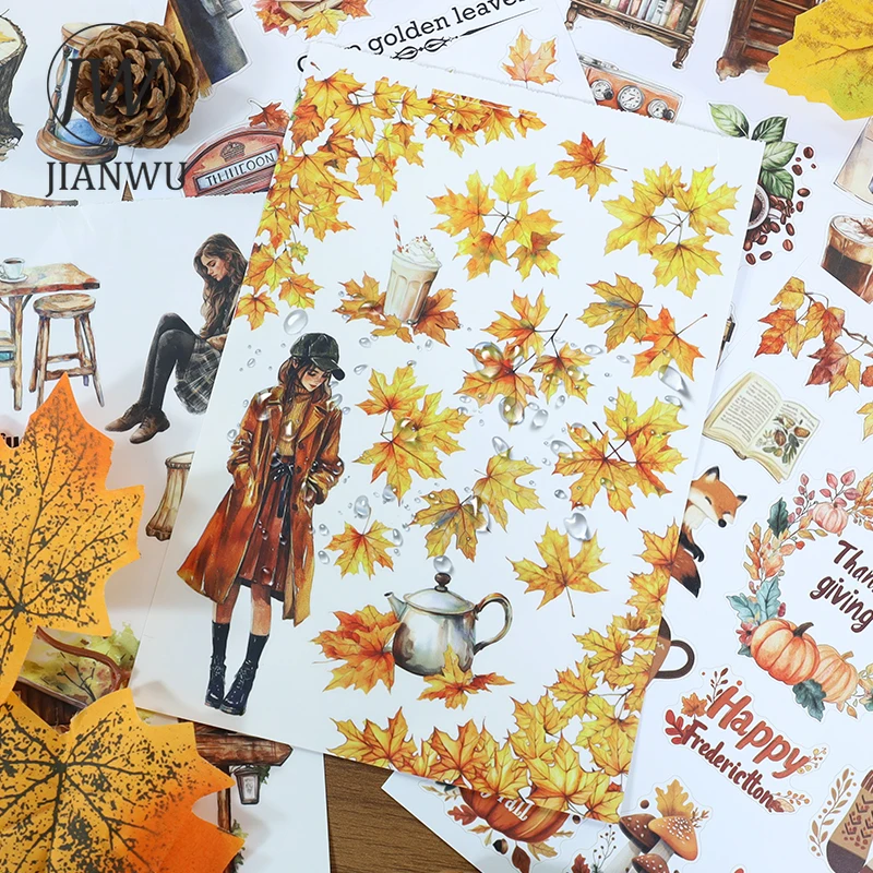 JIANWU 20 Pcs/book Vintage Autumn Leaf Character Landscape Material Collage Scrapbook Sticker Book Creative Journal Stationery