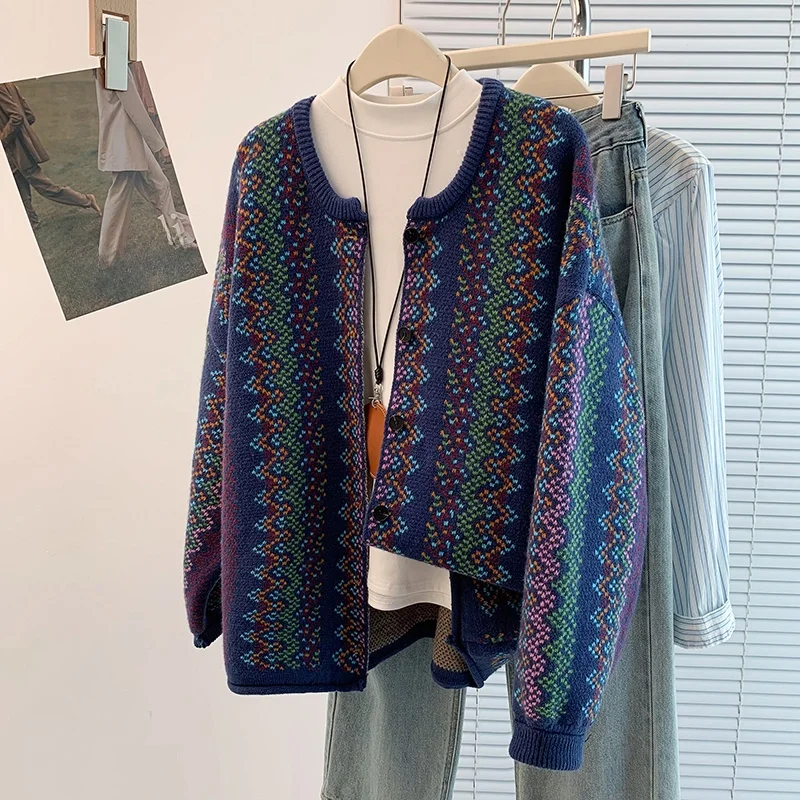 

Ретро-кардиган на осень-зиму, с круглым вырезом, свободный крой, женский топ на пуговицах, повседневный, укороченный, модный, для города и поездок на работу