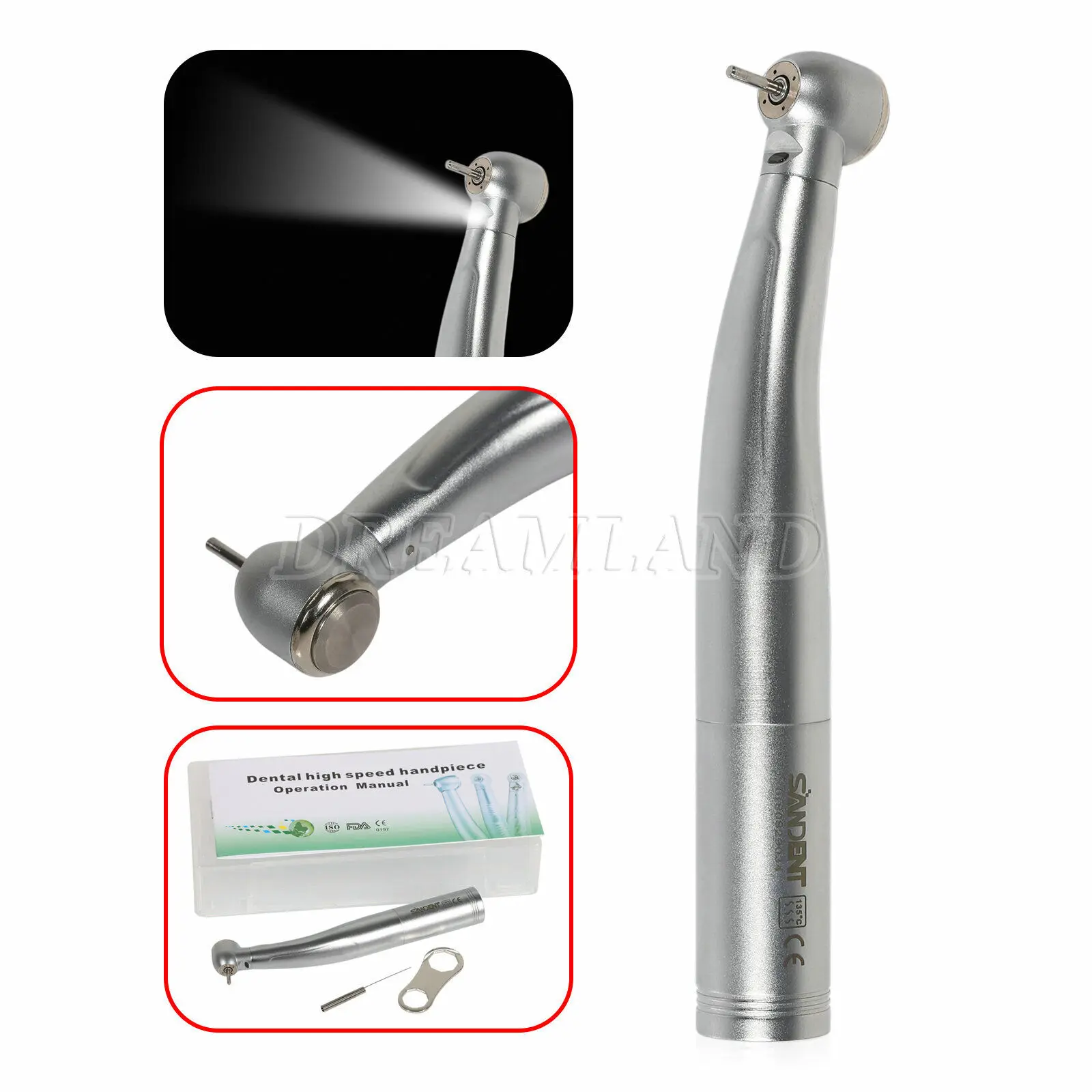 

Dental Fiber Optic LED 3 Spray High Speed Handpiece 4Hole LED Light Push Button Turbine Quick Coupling Fit KaVo