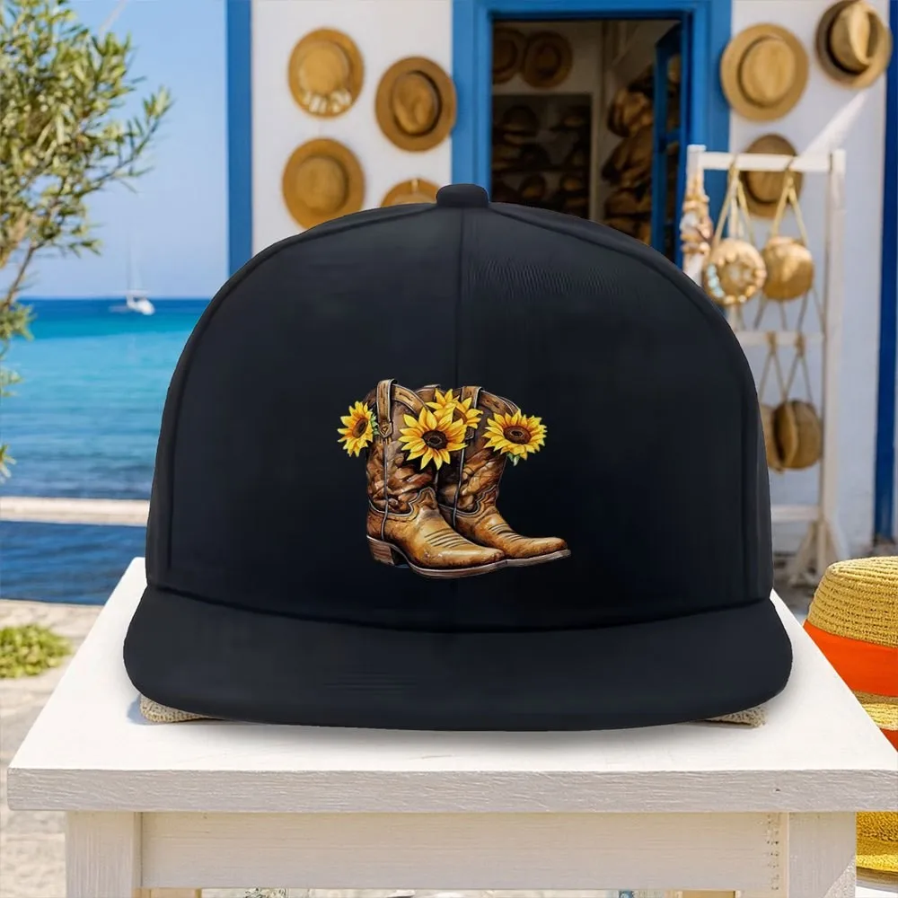 Unisex Adjustable Snapback Cap with Boot Pattern & Sunflower - Lightweight Flat Brim Hat Suitable for Parties Streetwear