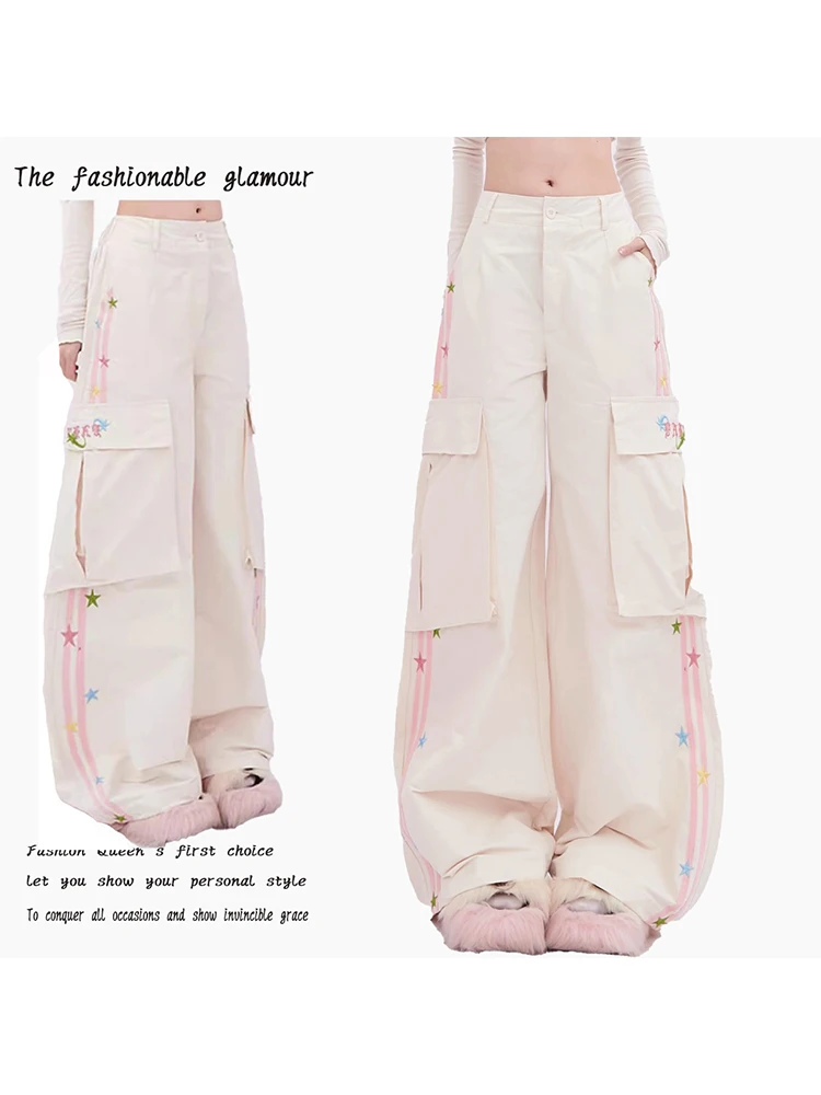 

Women Apricot Baggy Cargo Pants Vintage Y2k Harajuku Aesthetic Streetwear Star Pants Oversize High Waist Trousers 2000s Clothes