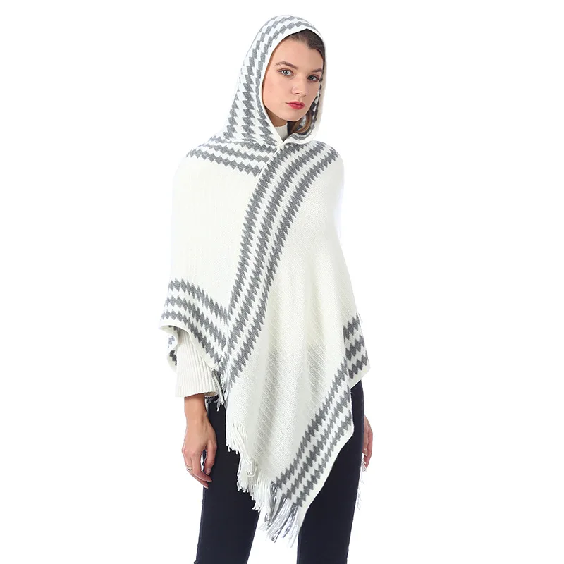 Women Spring Autumn Poncho Lady Knitted Hoodies Wrap Striped Pullover Loose Sweater with Tassel Fall  Shawl Wholesale Drop Ship