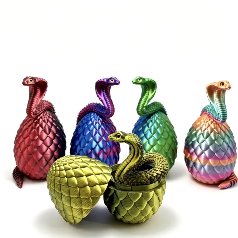 2pcs/set 3D Printed Snake Egg Set Desktop Ornaments Flexible Joints Random Color Layers Animal Fierce Cobra Gift For Halloween