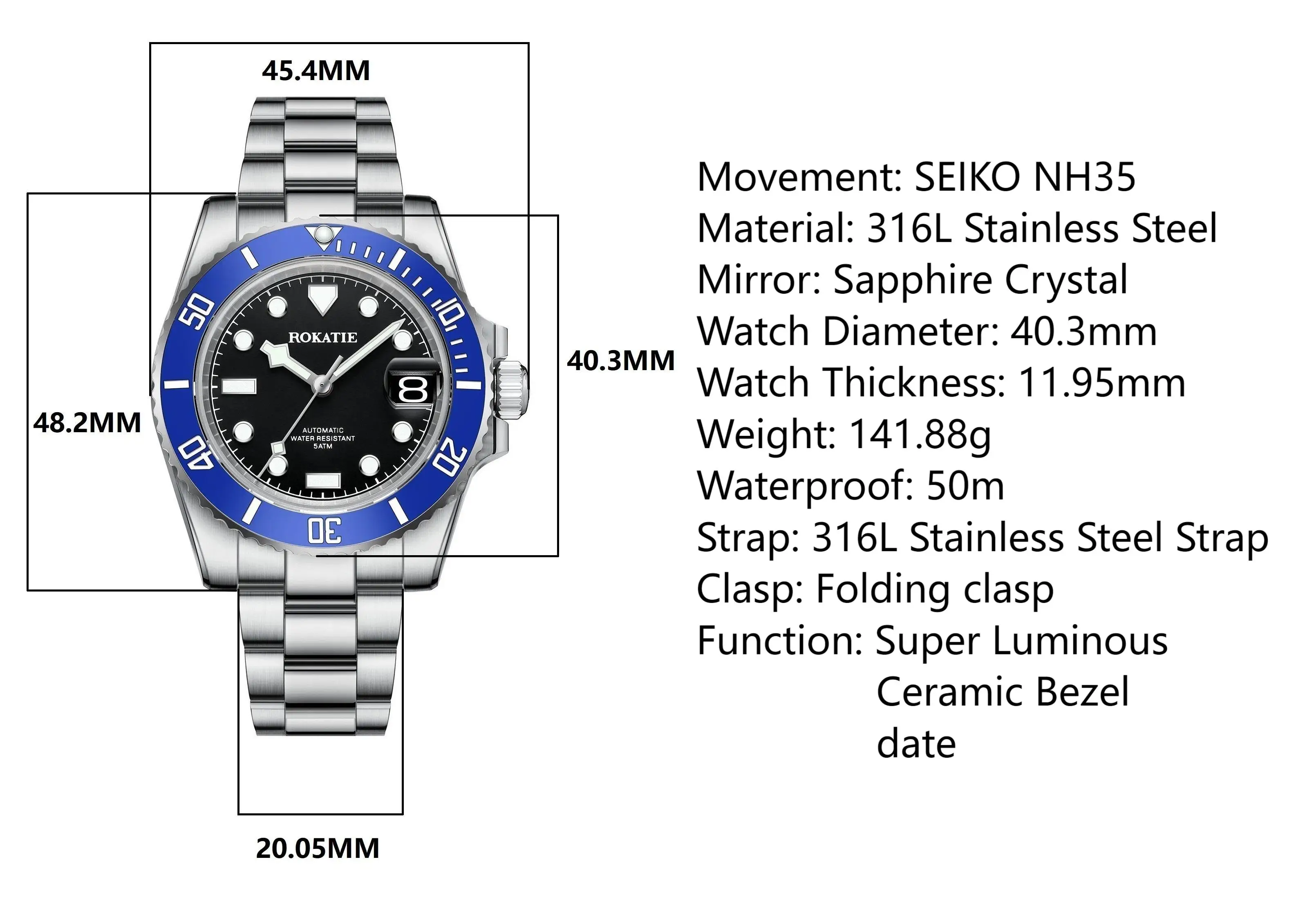 ساعة يد ميكانيكية من ROKATIE تصميم باجاني NH35 ساعة أوتوماتيكية بحركة يابانية 5 ATM ساعات رجال أعمال مضيئة فاخرة