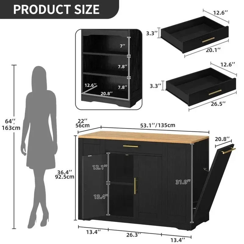 53 inch Large Rolling Kitchen Island with Trash Can Storage Cabinet, Portable Mobile Islands Table Long Floating