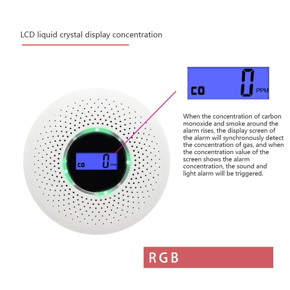 كاشف أول أكسيد الكربون ودخان التسمم ، إنذار مستشعر مشترك ، مؤشر LED 3 ألوان ، إنذار صفارة إنذار مدمج ، تركيبة