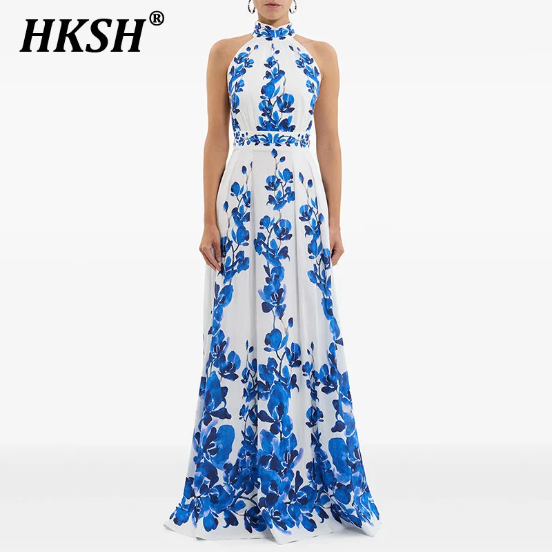 

HKSH Summer Chic Ins New Women Elegant Fashion Casual Printed Vacation Style Floor-length Hanging Neck Ackless Long Dress HK5302