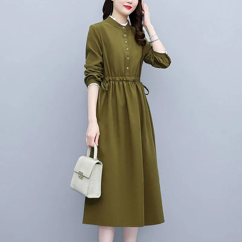 Spring Autumn New Women's Pullovers O-Neck Shirring Tie Flowers Fashion Slim Long Sleeve Shrink Your Waist and Appear Thin Dress