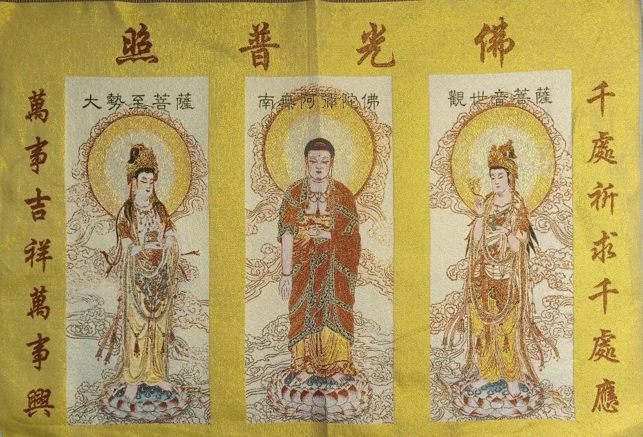 China Cloth Silk embroidery Buddha Painting Three Saints of the West Mural Wall Hanging Tapestry Tangka 60x90cm