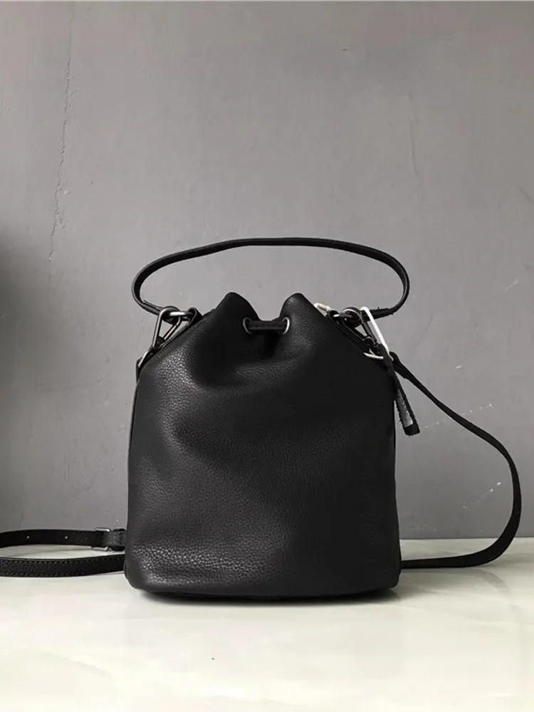 Women Casual String Bucket Bag Cowhide Genuine Leather Shoulder Bag Teenager Girls New Handbag Small Totes Strap Crossbody Bag