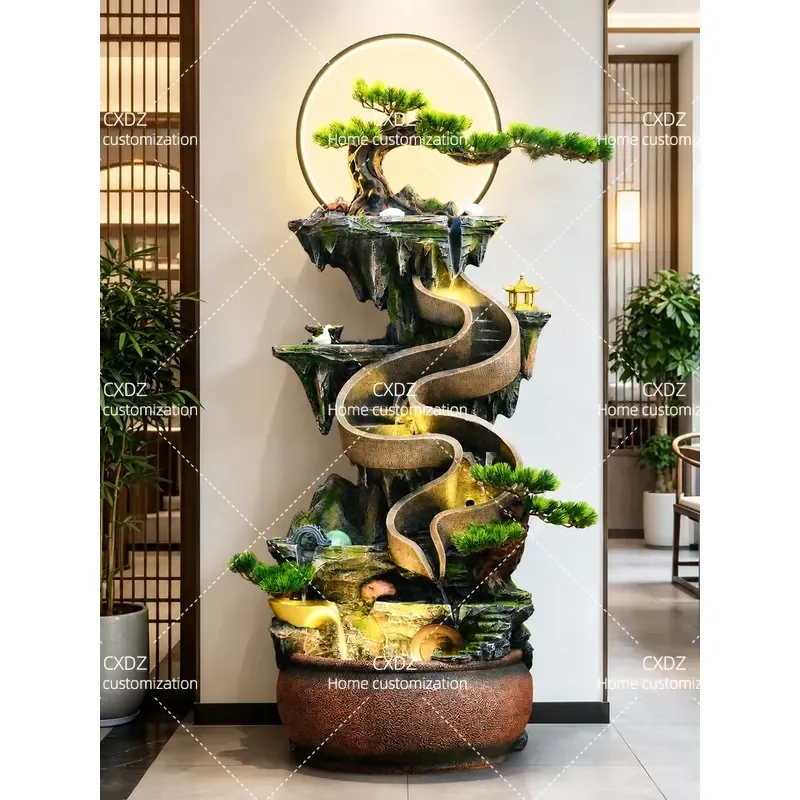 Rockery Flowing Water Fountain Ornament Circulating Water Feature with Lucky Feng Shui Wheel and Cornucopia for Courtyard