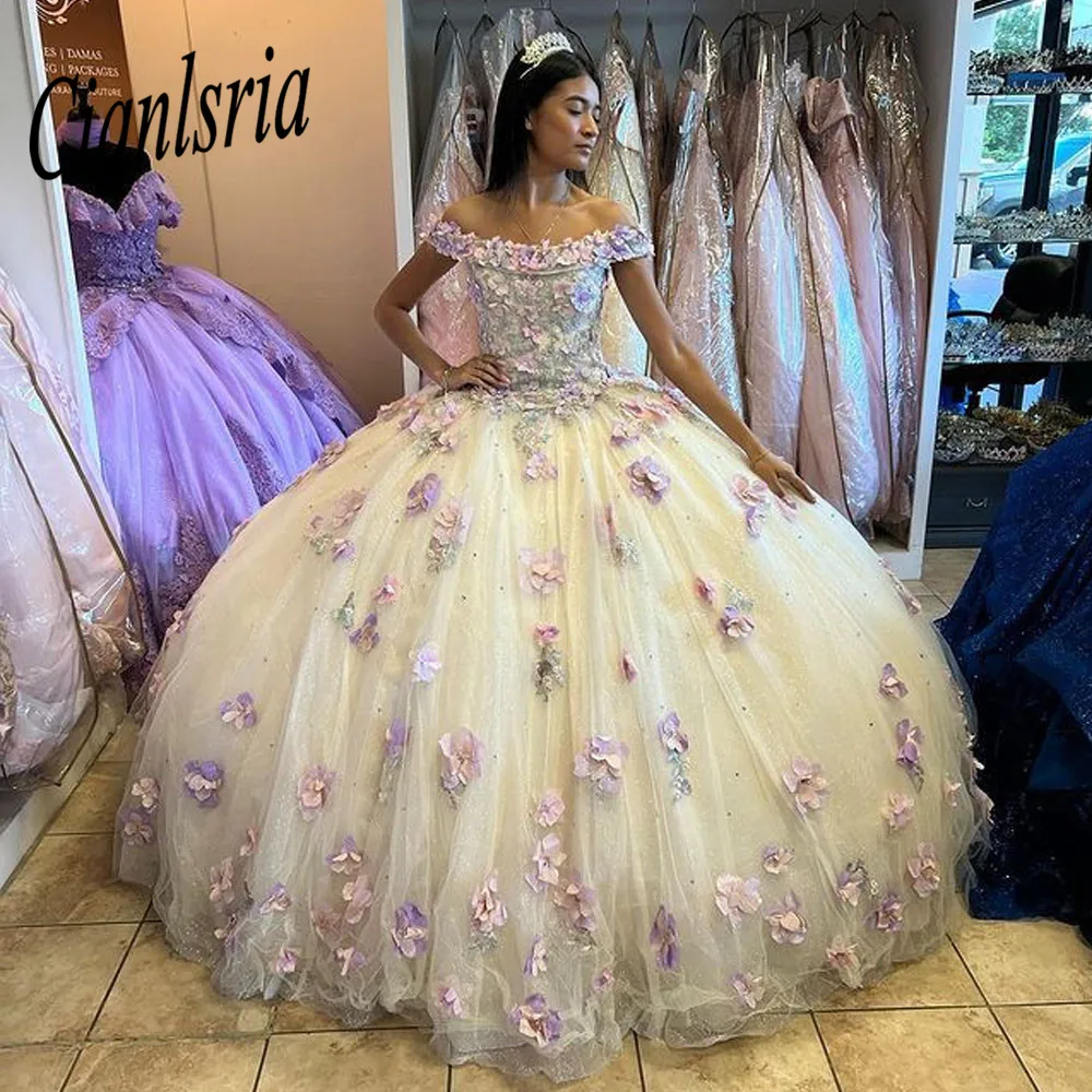 Vestido De quinceañera púrpura con hombros descubiertos, vestido De Baile De Princesa, flor 3D, dulce, 16 Vestidos De Fiesta