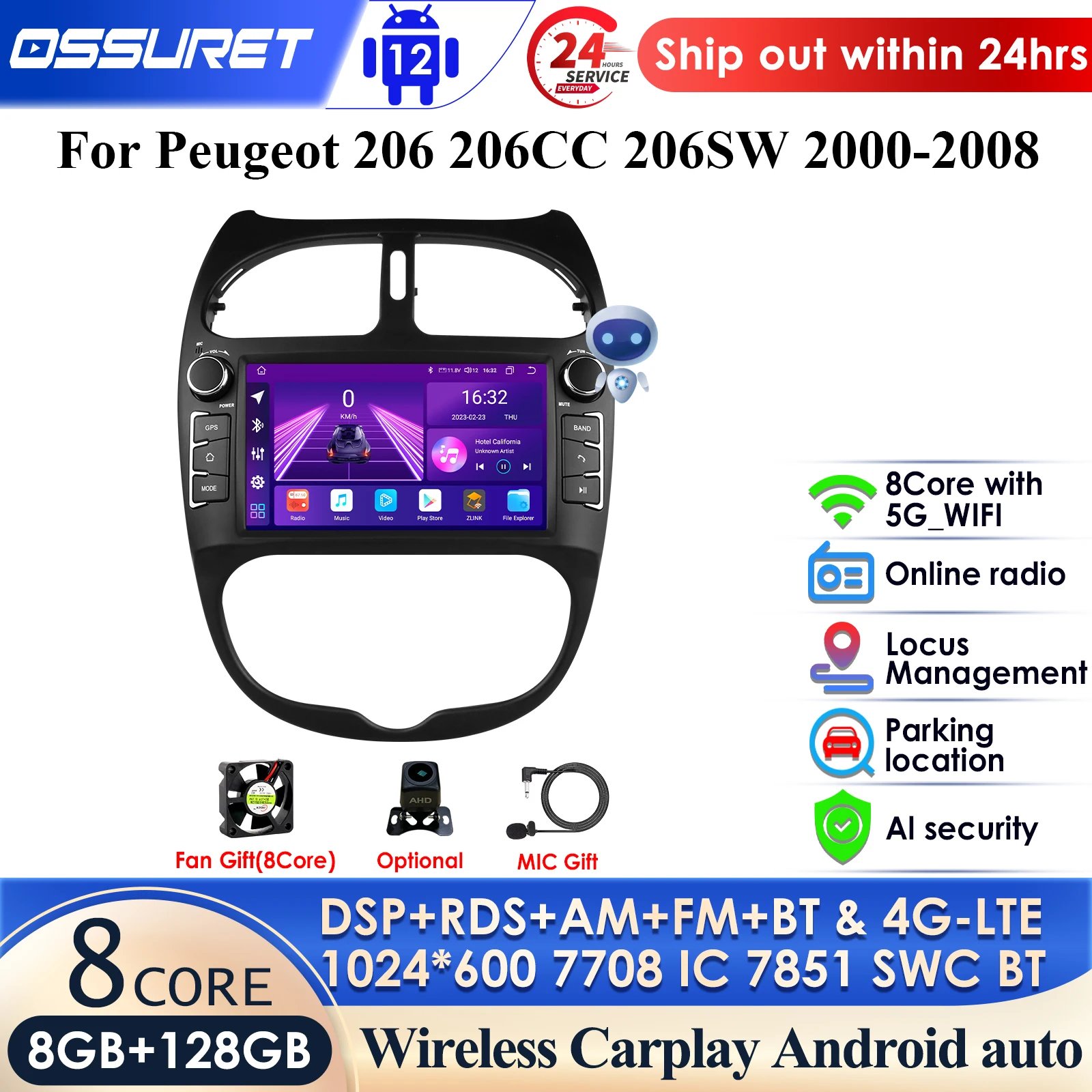 

7'' 8Core 8+128 Android 13 4G Carplay Car Radio for PEUGEOT 206 206CC 206SW 2000-2016 Android Auto Multimedia GPS 2din Autoradio