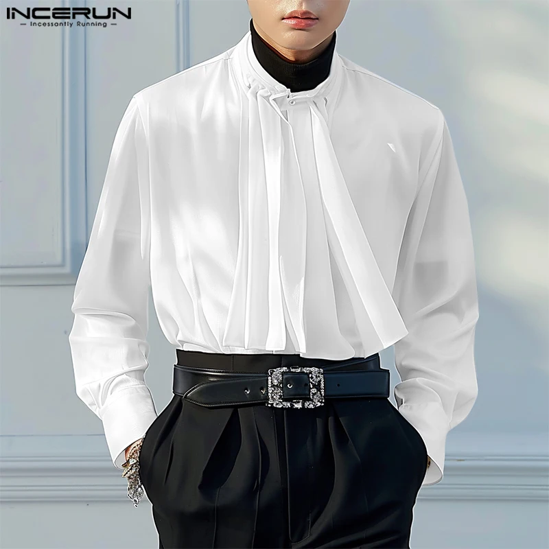 2024 INCERUN Korean Style Fashion Shirt Men Long Sleeve Solid Tops Solid Stand Collar Simple Loose Camiseta Vintage Elegant Tops