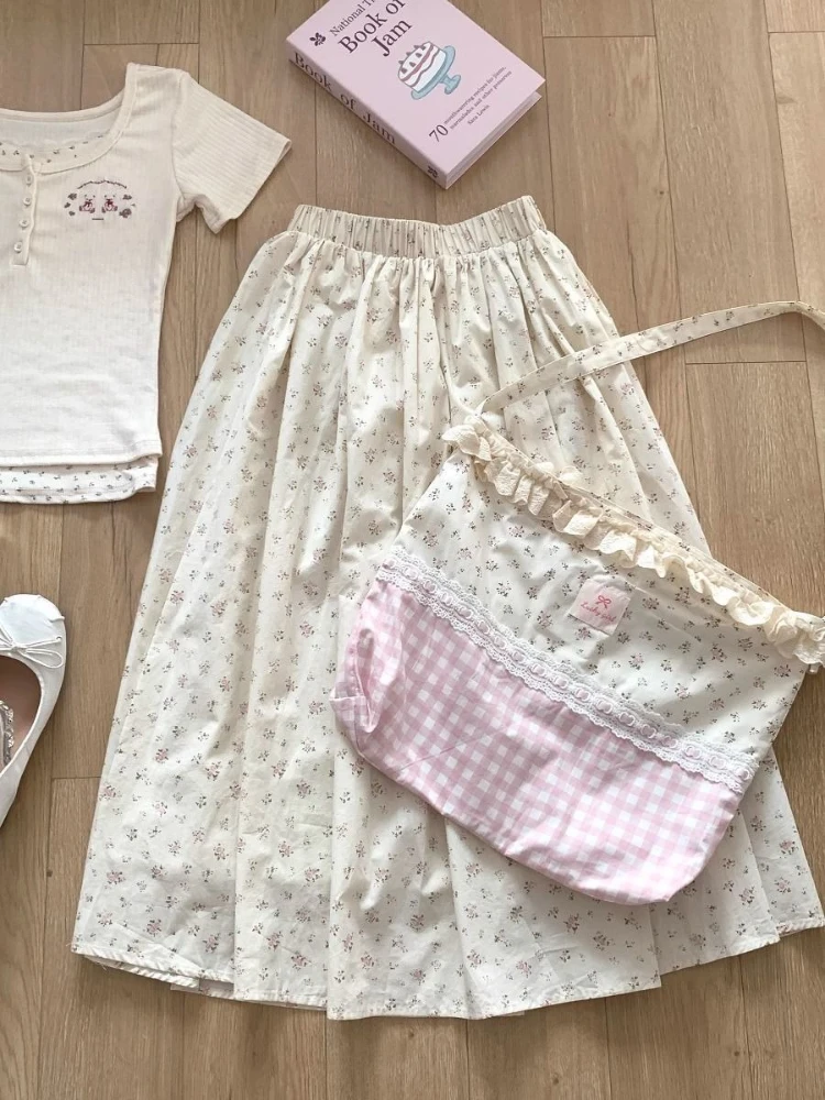 

2025 New Summer Sweet High-waist Long Skirt Japanese Kawaii Print Elastic Waist Skirts Women Design Lovely Warm Thin Cake Skirt