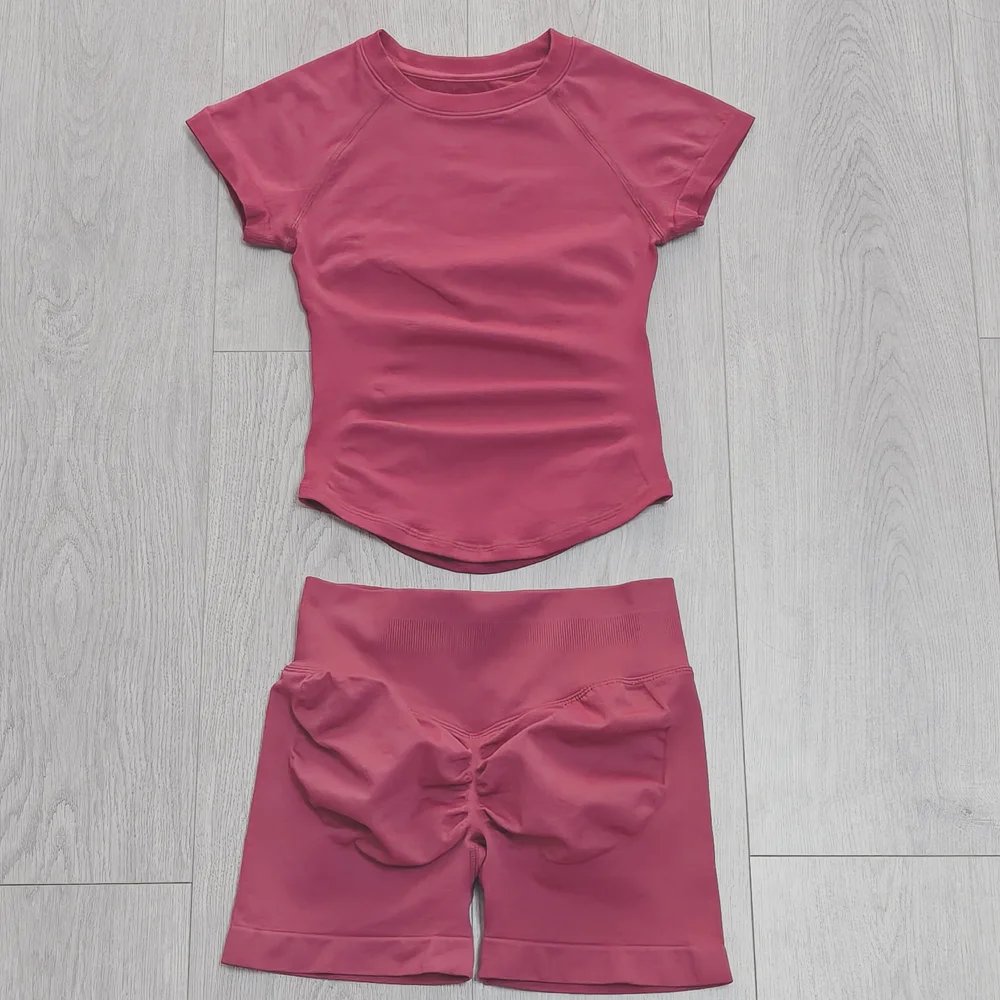 2-delige Impact Sports-set voor dames, naadloze yoga-top met korte mouwen en hardloopsportshorts, fitness-gym-workout-outfit