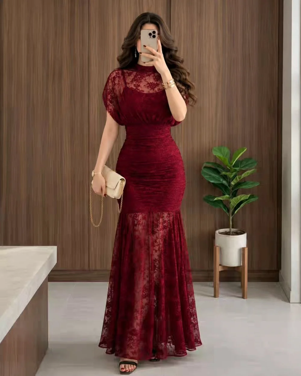 Customized Red Exquisite Charming Pleat Lace Ruched Mermaid High Collar Floor-Length Evening Dresses For Wedding Party Classic