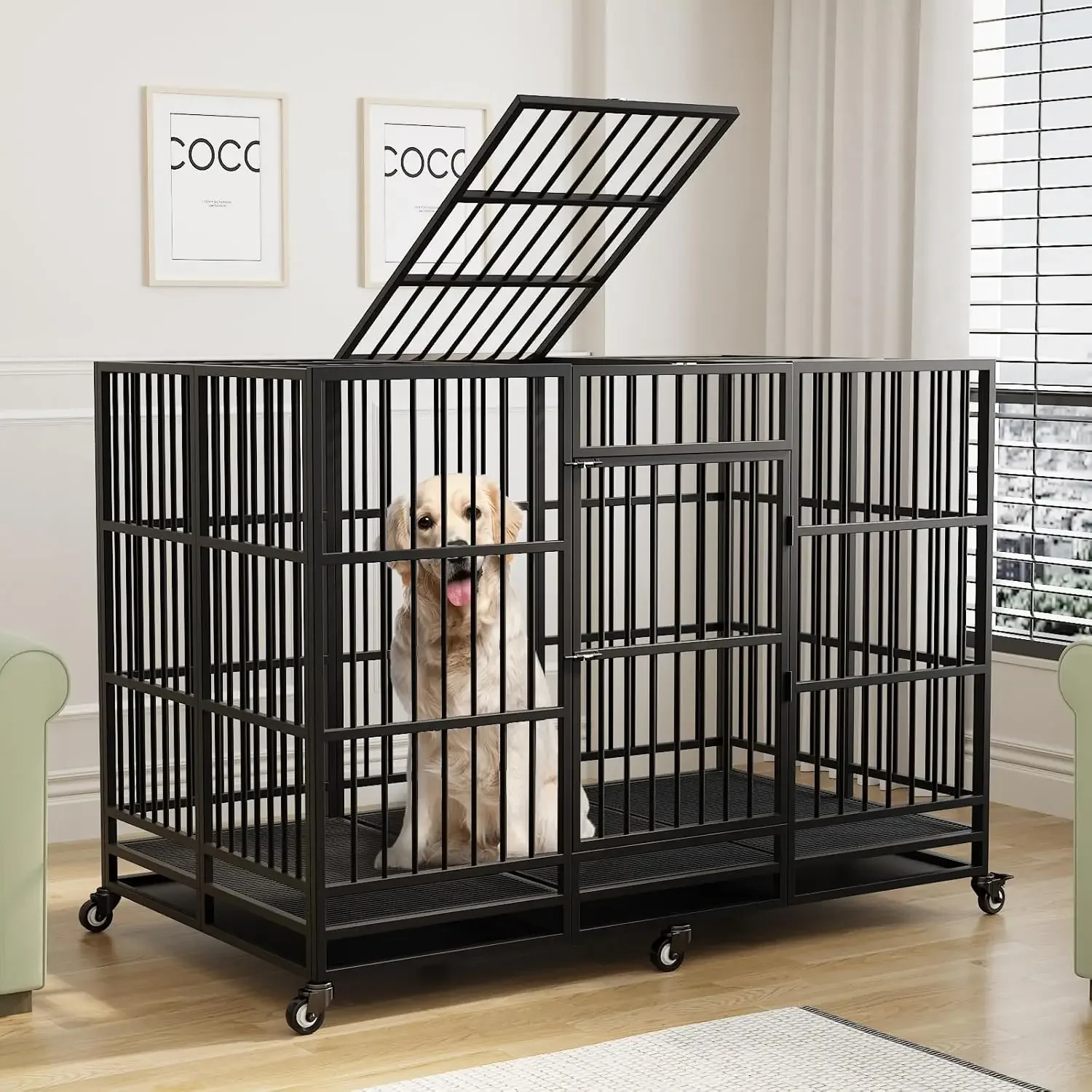 

63 Inch Large Heavy Duty Dog Crate with Lockable Wheels Removable Tray, Large Dog Kennel for Large Dog Indoor Outdoor, Black