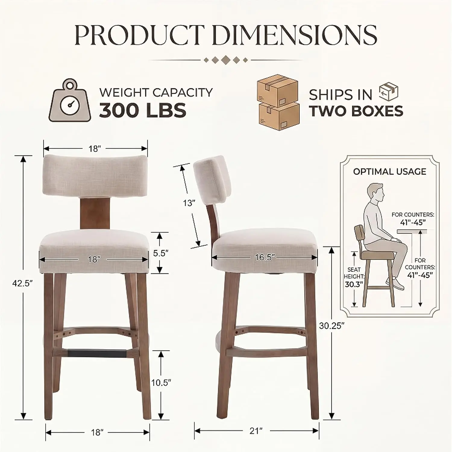30'' Extra Tall Farmhouse Bar Stools Set of 2, Linen Upholstered Bar Height Stools with Curved Back, Solid Hardwood Frame, Moder