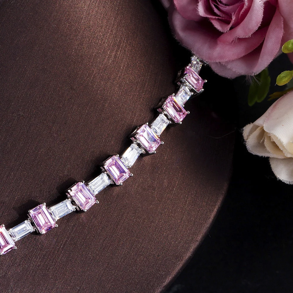 ThreeGraces Elegant Pink Cubic Zirconia Geometric Rectangle Chain Link Necklace for Women Fashion Party Costume Jewelry PN121