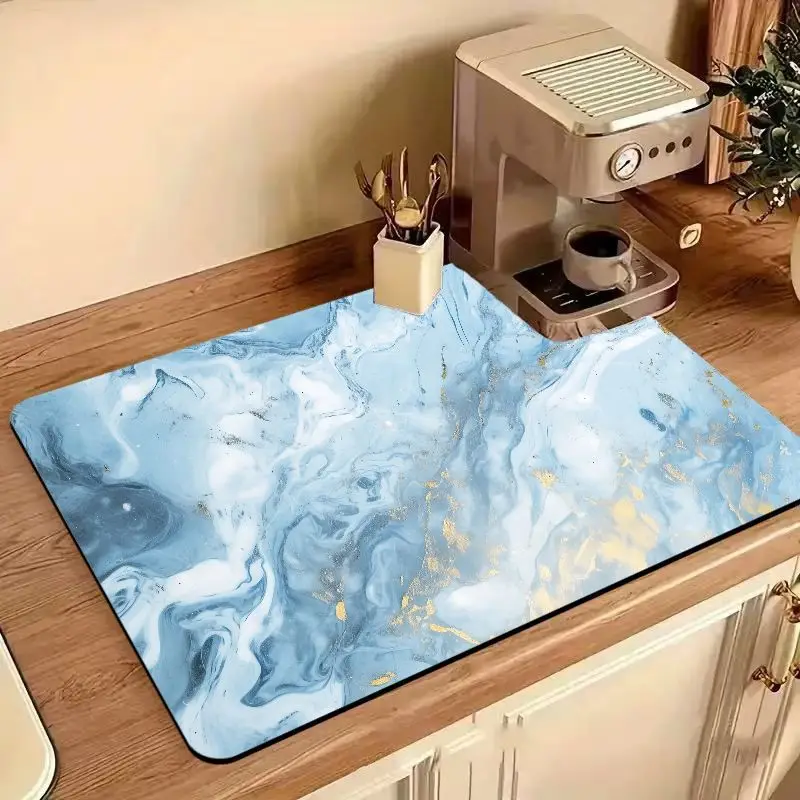 VIKAMA Blue Gold Foil Fluid Marble Coffee Bar Mat Waterproof Absorbent Non Slip Pad Espresso Machine Counter Drying Mat