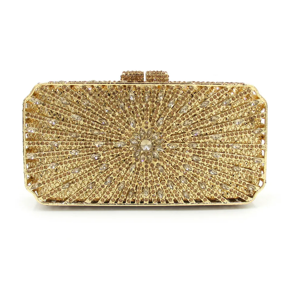 

2025 New Design Bling Golden Color Evening Bag Crystal Decoration Portable Handbag for Formal Party