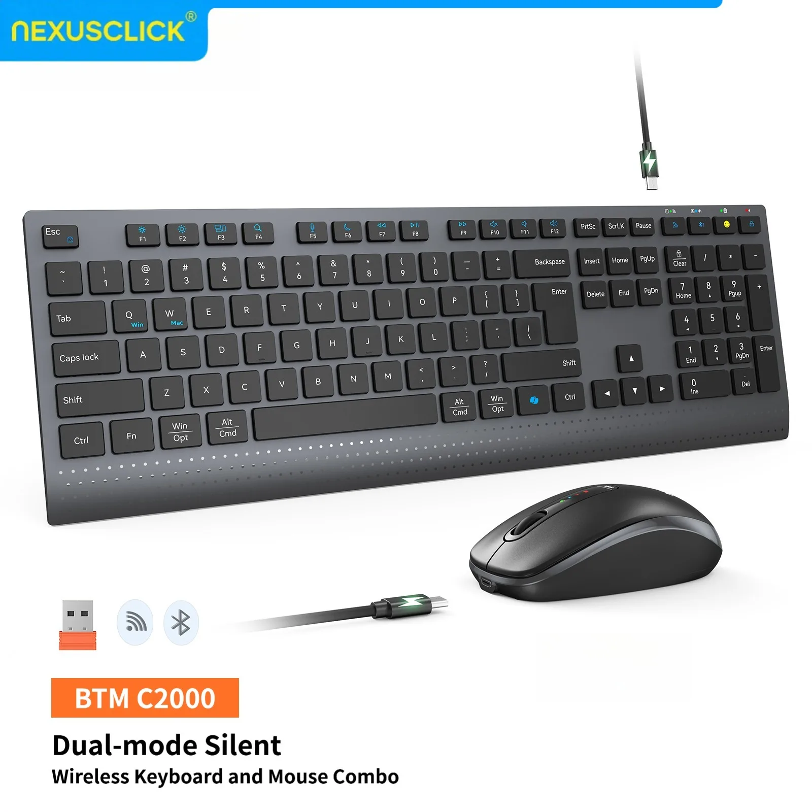 NexusClick C2000 Dual Mode Wireless Keyboard Mouse Combo,Silent Ergonomic Keyboard Adjustable DPI Mouse for PC Laptop Mac Office
