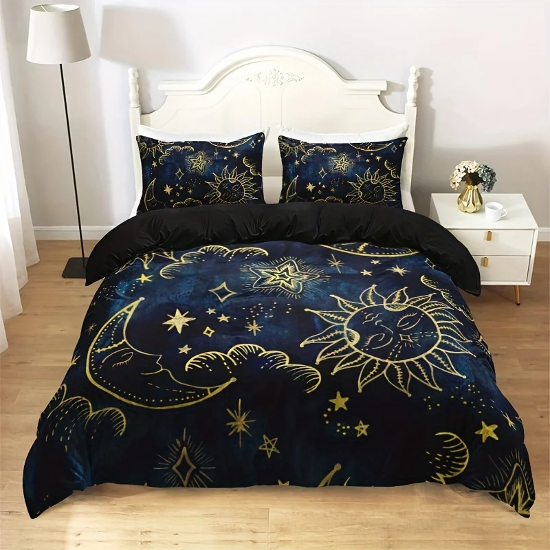 Three-piece celestial sun and moon bedding set - mysterious starry sky HD digital printing down quilt cover, comfortable for all