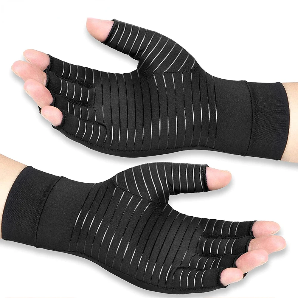 1Pair Copper Arthritis Compression Gloves Women Men Relieve Hand Pain Swelling and Carpal Tunnel Fingerless for Typing