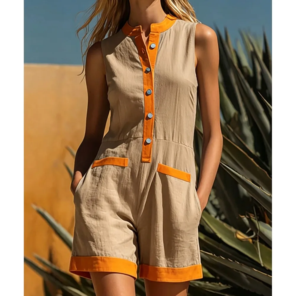 Chic Contrast Trim Romper Women Sleeveless V-Neck Button Short Overalls Casual Summer Beach Vacation Short Jumpsuit With Pockets