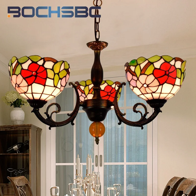 BOCHSBC Tiffany stained glass red morning glory festive 3 pendant lamp antique garden bar restaurant aisle LED decor chandelier