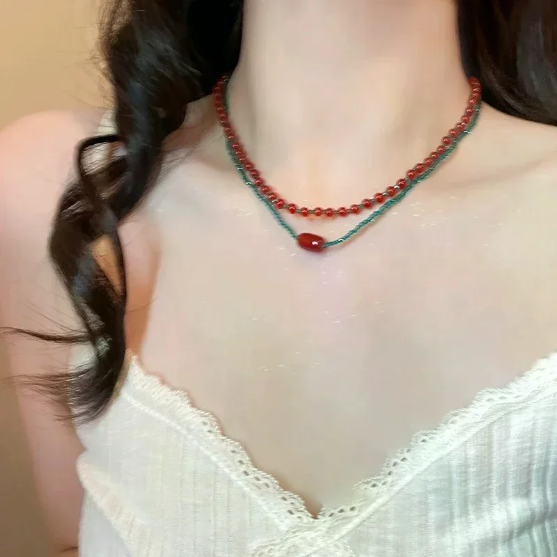 Dainty Contrast Color Beaded Jewelry Set; Red & Blue Necklace and Bracelet Combo for Ladies