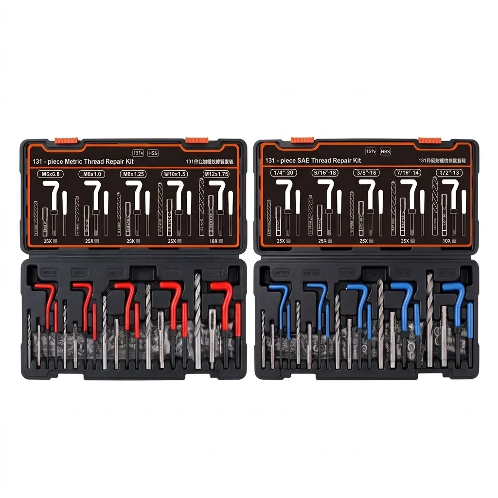 131PCS Premium Steel Metric Imperial Thread Repair Kit Self-Tapping Inserts & Taps Drill Bits Metric Sizes Plastic Box Tool Set
