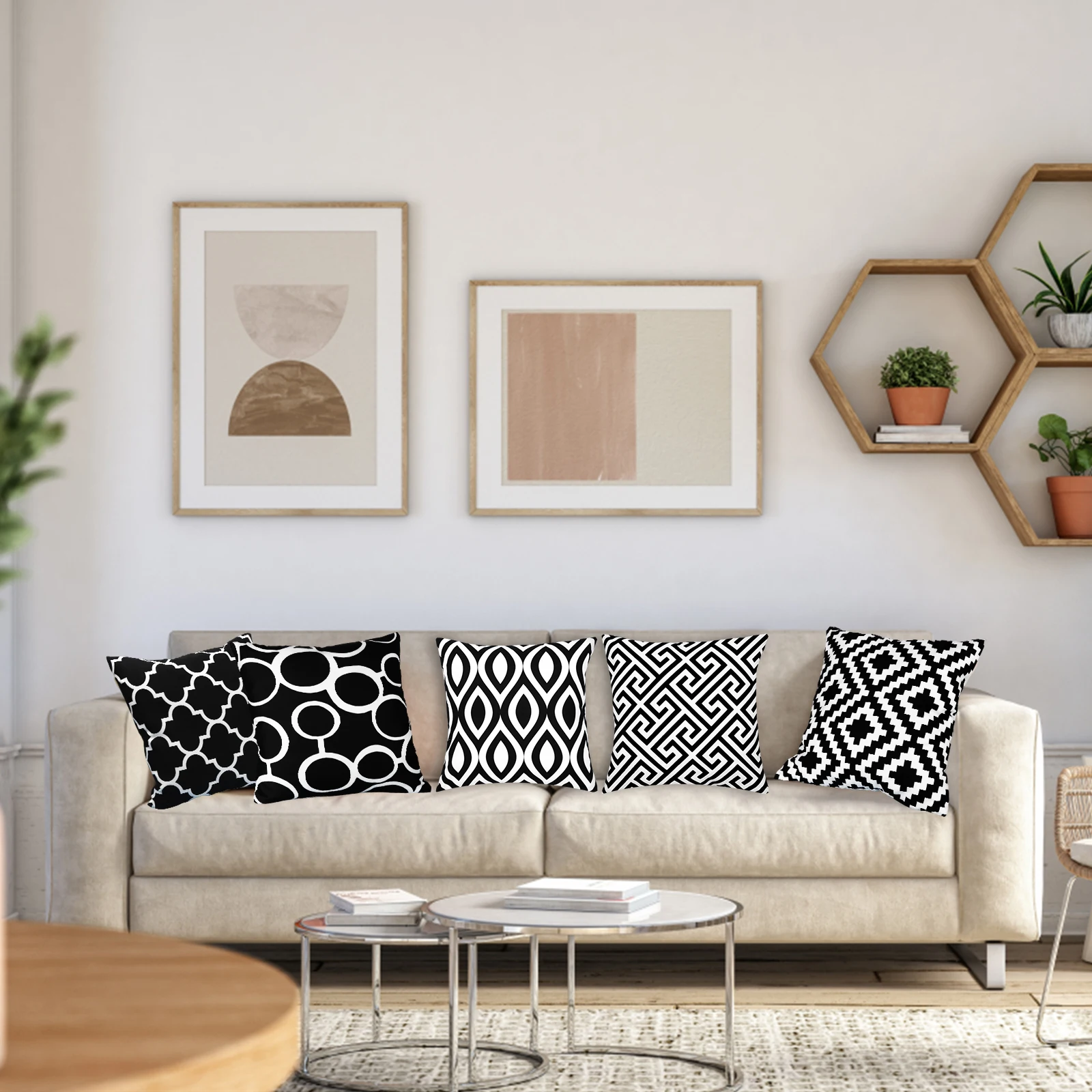 6 قطعة أسود أبيض هندسية وسادة تغطي 18x18 بوصة بسيط أسود أبيض نمط هندسي المخدة بوهو وسادة الزخرفية Co
