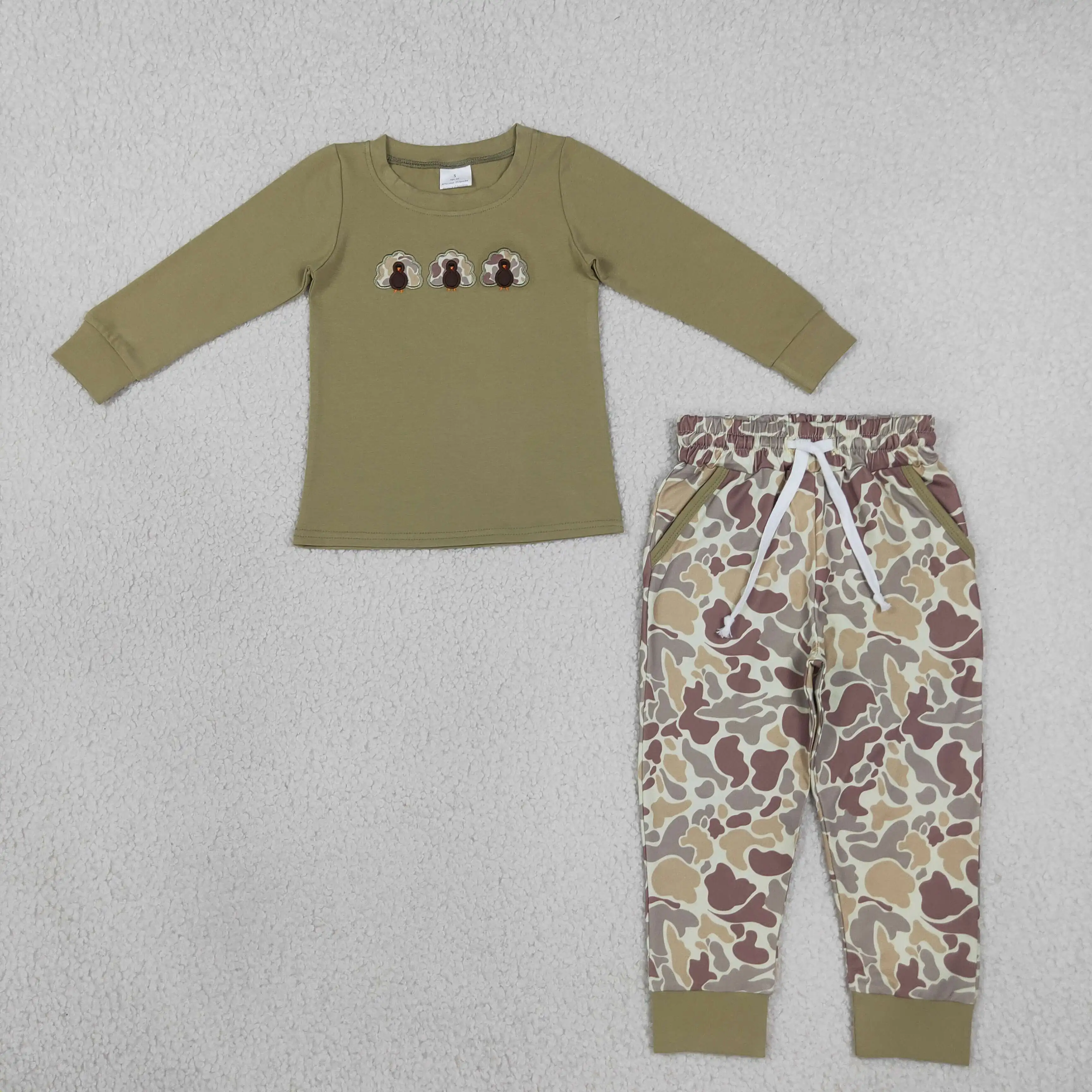 Wholesale Children Thanksgiving Embroidery turkey Pumpkins Pullover Pockets Camo Pants Set Toddler Baby Boy Kids Outfit Clothes