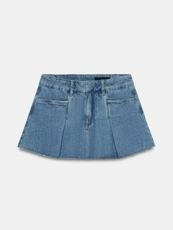 

Spring Summer 2026 New Sweet Spicy Retro mid Waist Wide Pleat Frayed Hem Denim Skirt Women's Fashion A-Line Cotton Skirt