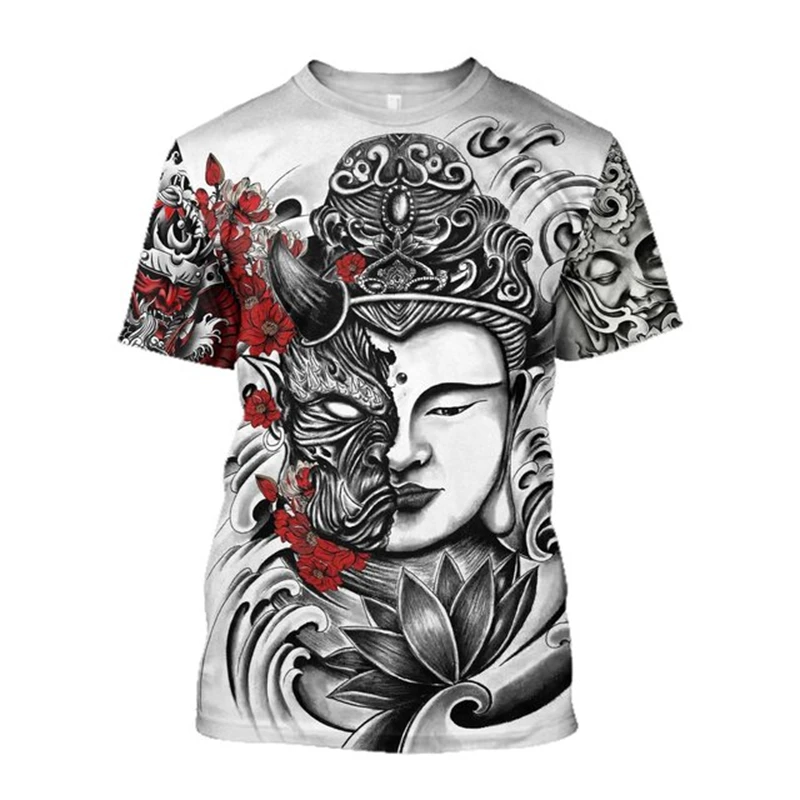 Fashion Samurai Tattoo Men's T-shirt 3D Printed Art Mask Tattoo O-neck Short Sleeve Tops Hip Hop Punk Harajuku Oversized T-shirt